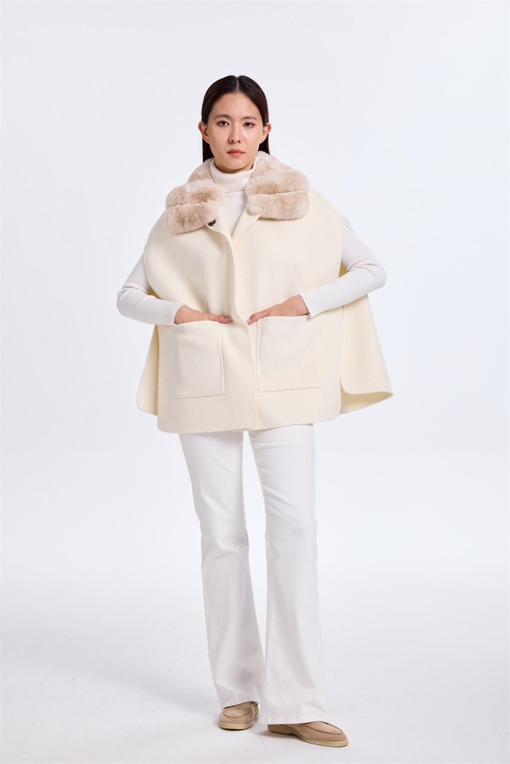 White Cashmere Cape W/ Chinchilla Collar