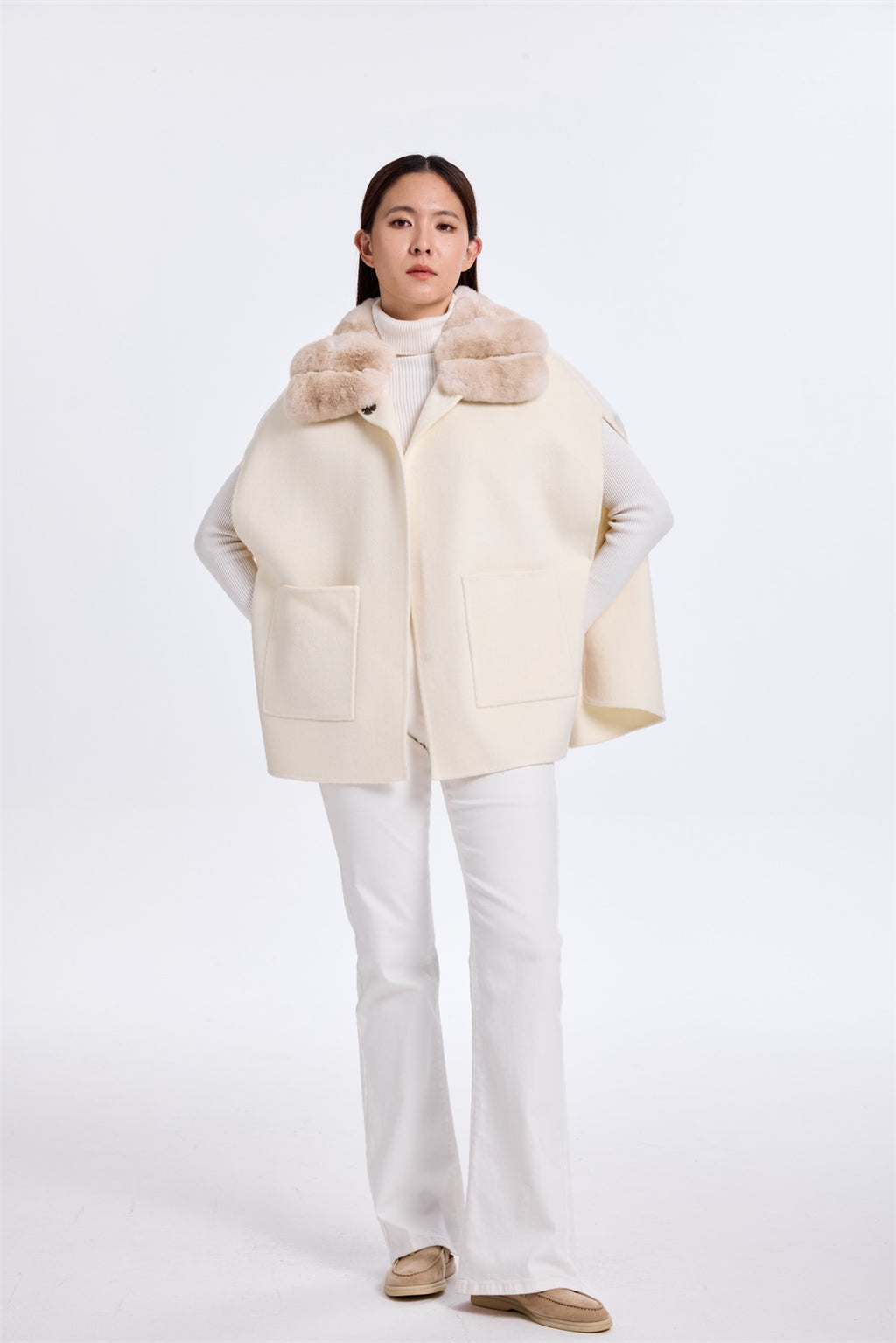 White Cashmere Cape W/ Chinchilla Collar