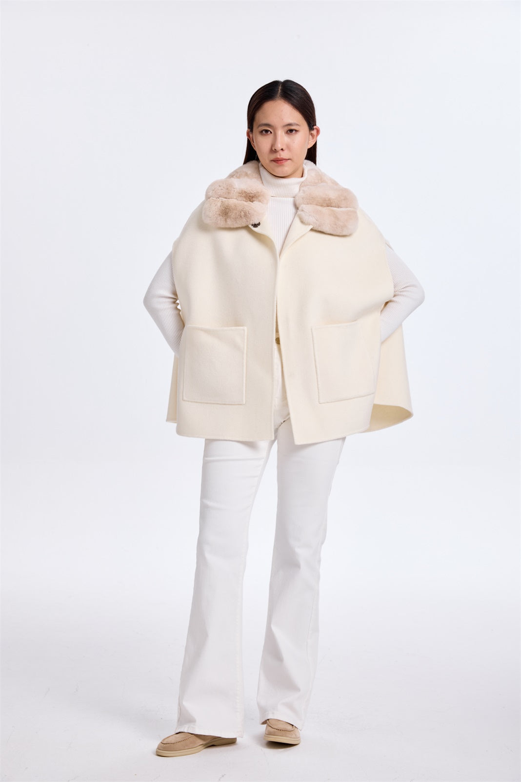 White Cashmere Cape W/ Chinchilla Collar