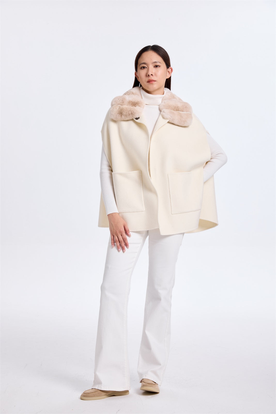 White Cashmere Cape W/ Chinchilla Collar