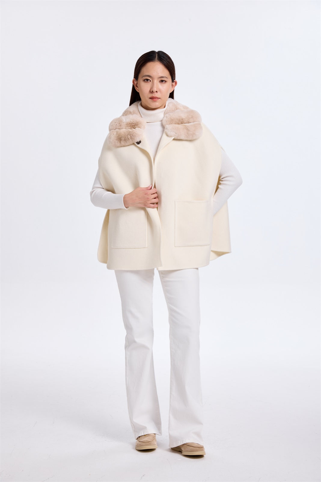 White Cashmere Cape W/ Chinchilla Collar