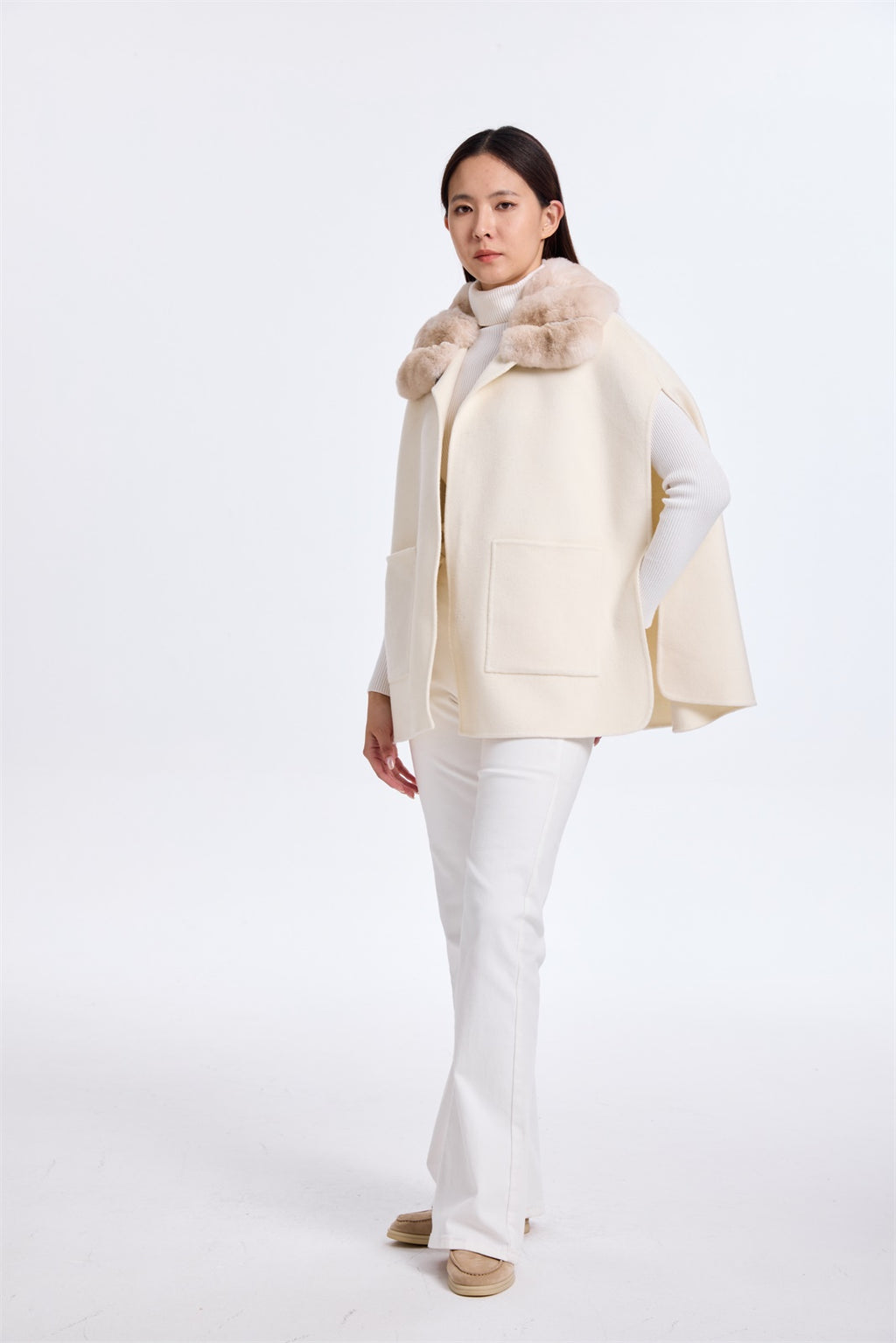 White Cashmere Cape W/ Chinchilla Collar