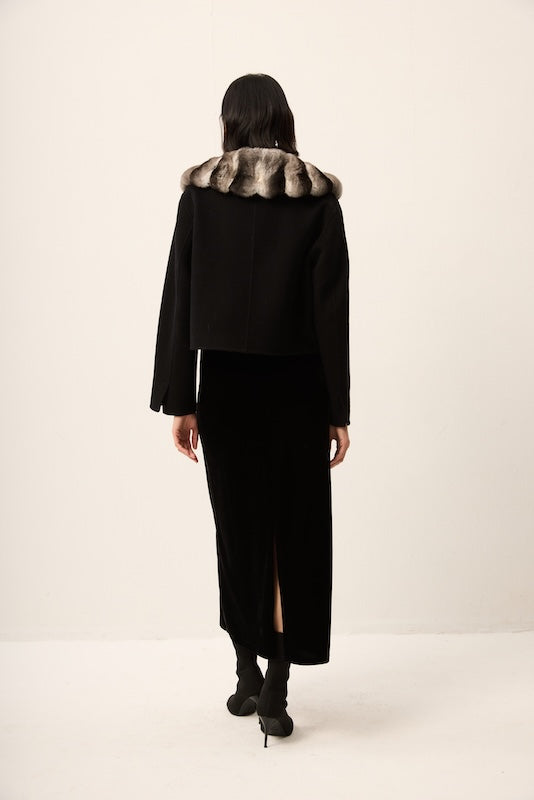 BLACK CASHMERE JACKET WITH CHINCHILLA COLLAR
