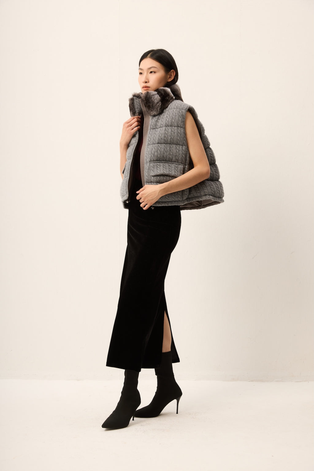 GREY KNIT PADDED VEST WITH CHINCHILLA COLLAR