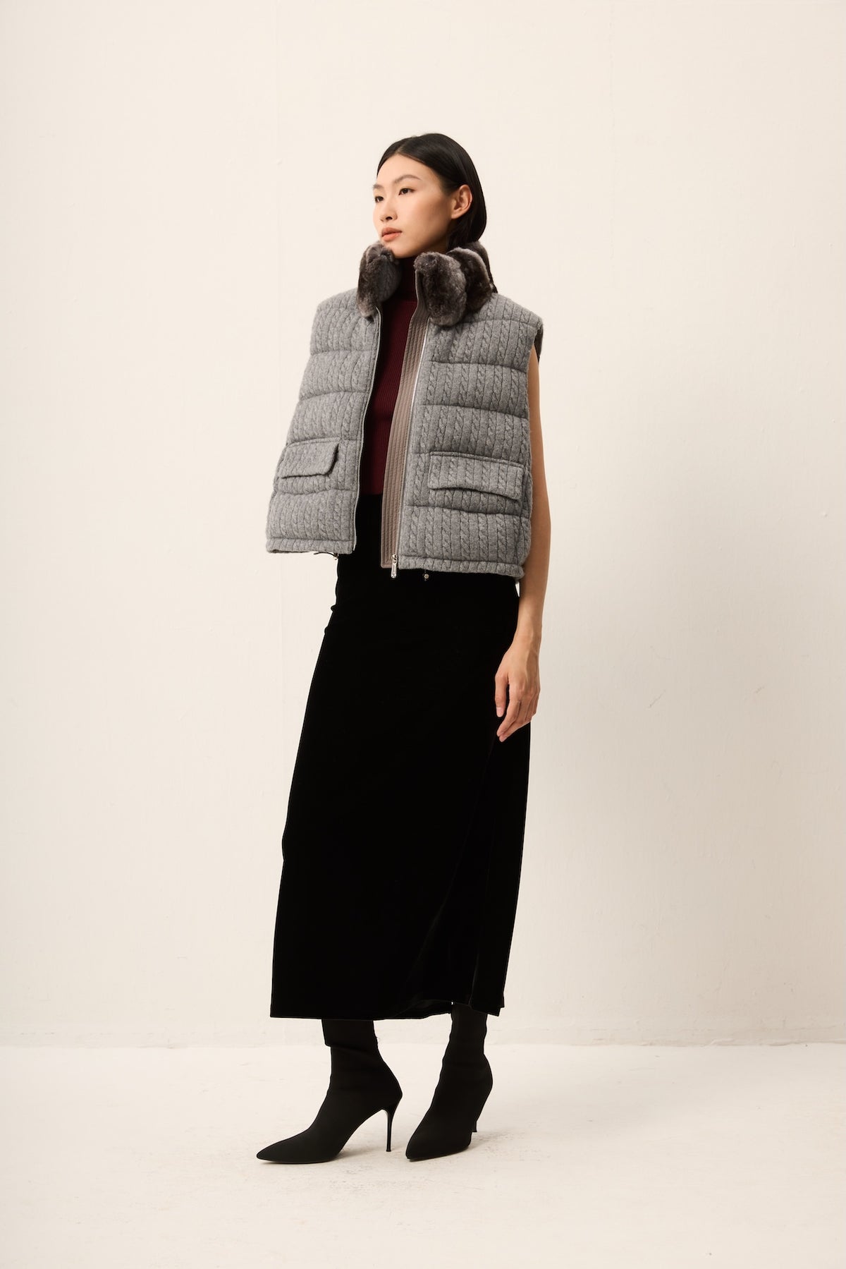 GREY KNIT PADDED VEST WITH CHINCHILLA COLLAR