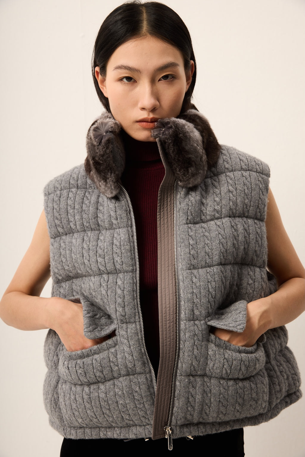 GREY KNIT PADDED VEST WITH CHINCHILLA COLLAR