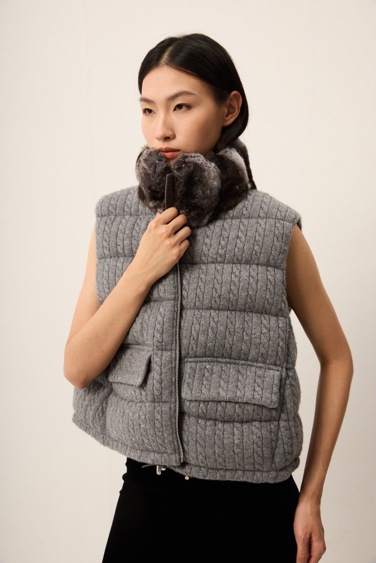 GREY KNIT PADDED VEST WITH CHINCHILLA COLLAR