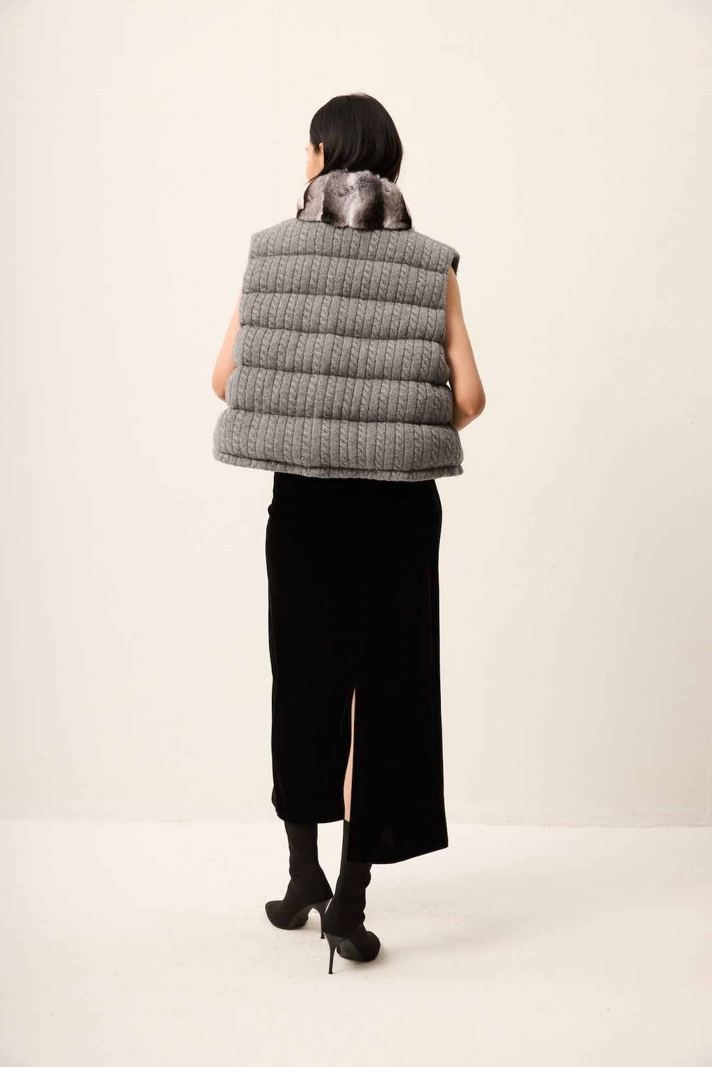 GREY KNIT PADDED VEST WITH CHINCHILLA COLLAR