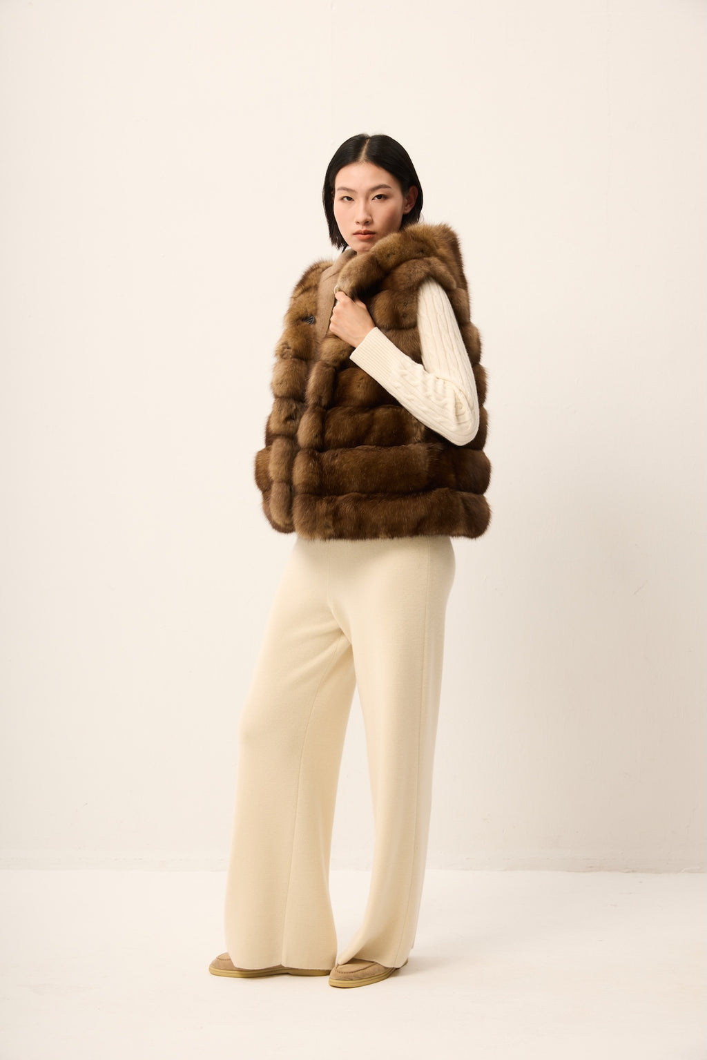 HOODED RUSSIAN SABLE VEST , REVERSIBLE TO CASHMERE
