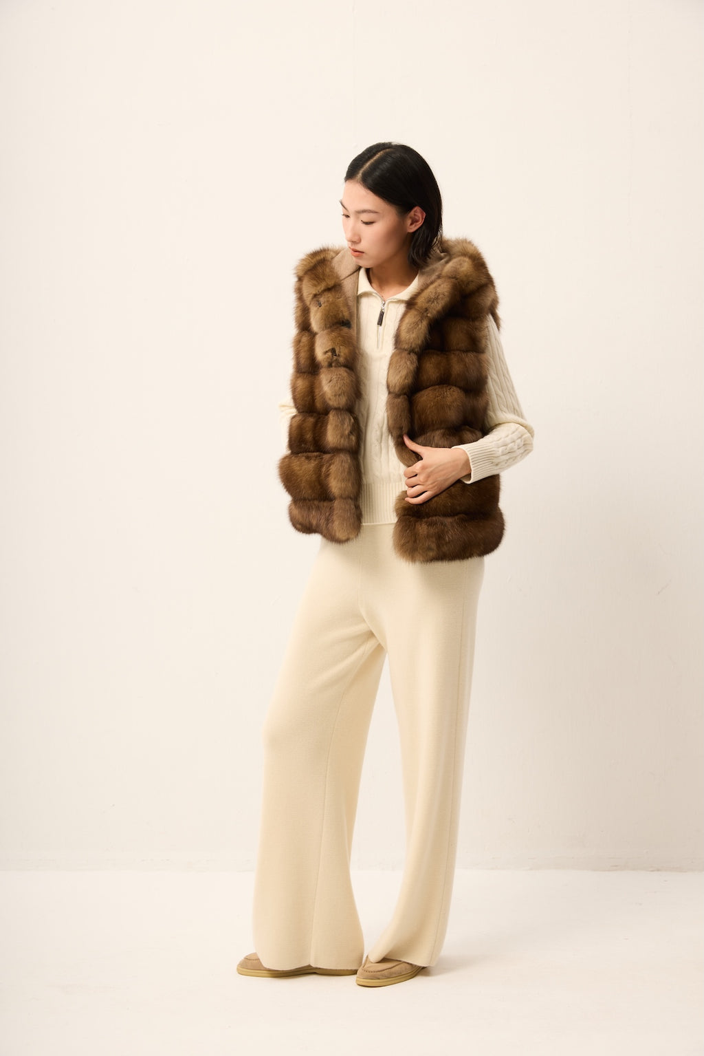 HOODED RUSSIAN SABLE VEST , REVERSIBLE TO CASHMERE