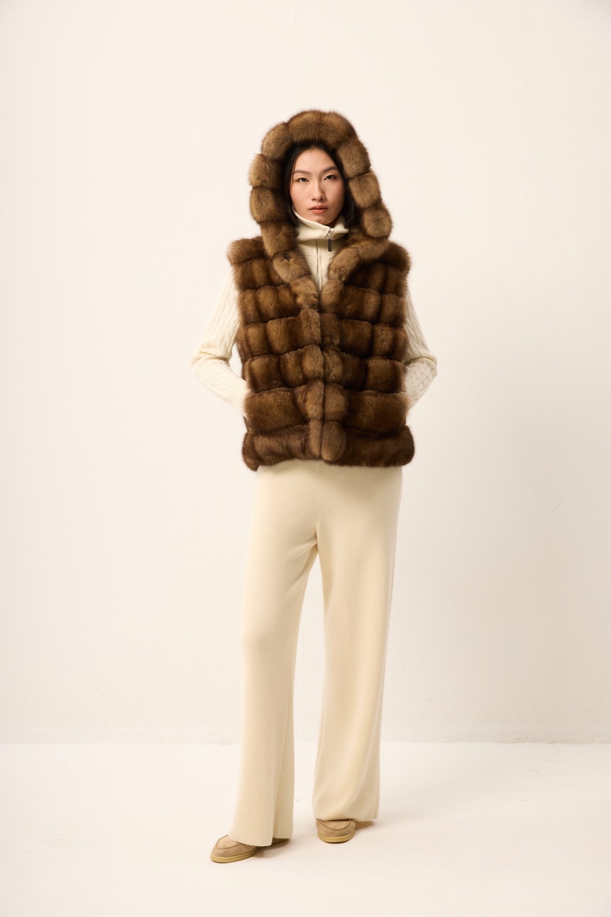 HOODED RUSSIAN SABLE VEST , REVERSIBLE TO CASHMERE