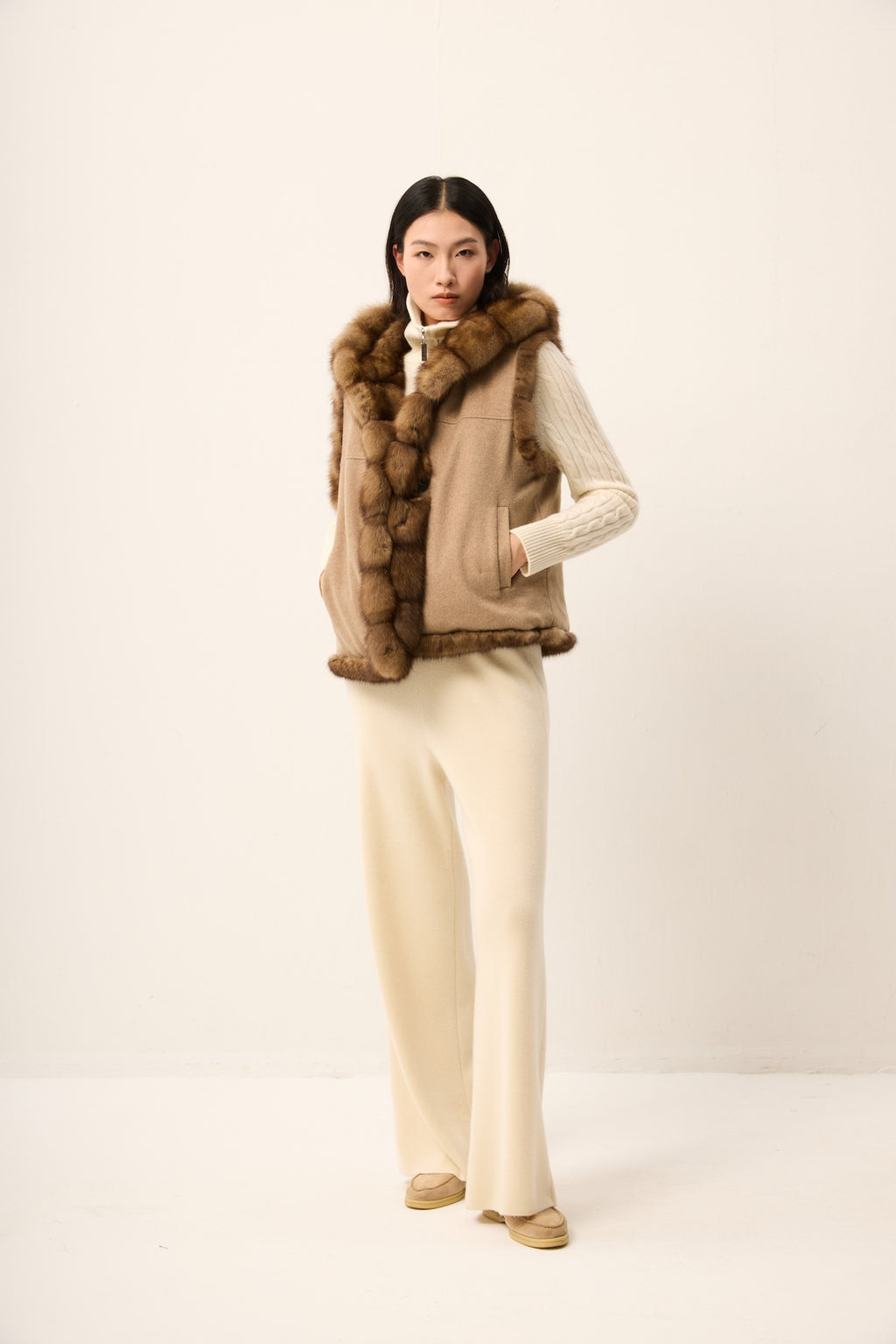 HOODED RUSSIAN SABLE VEST , REVERSIBLE TO CASHMERE