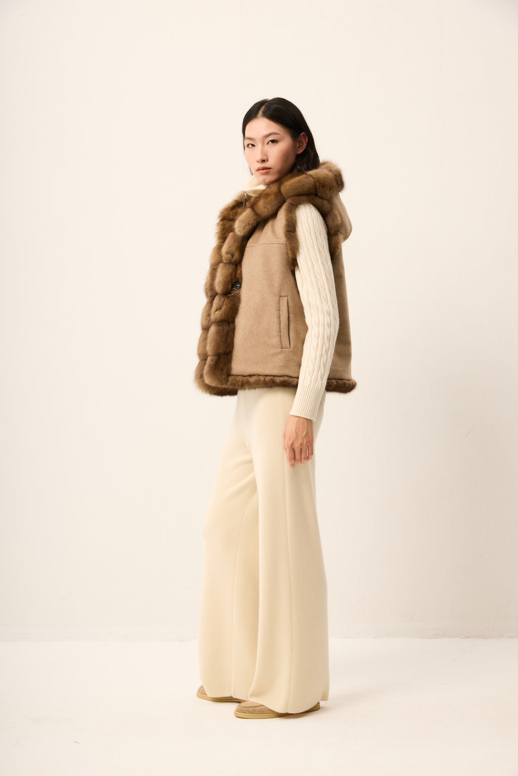 HOODED RUSSIAN SABLE VEST , REVERSIBLE TO CASHMERE