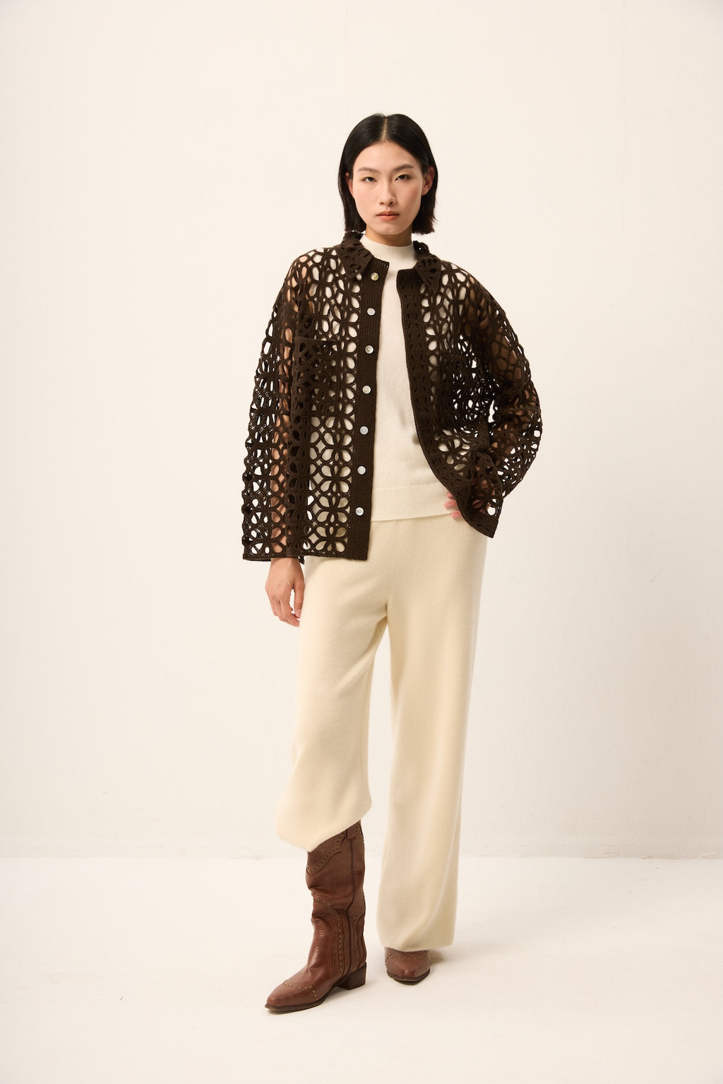 BROWN CROCHET CASHMERE LACE BLAZER