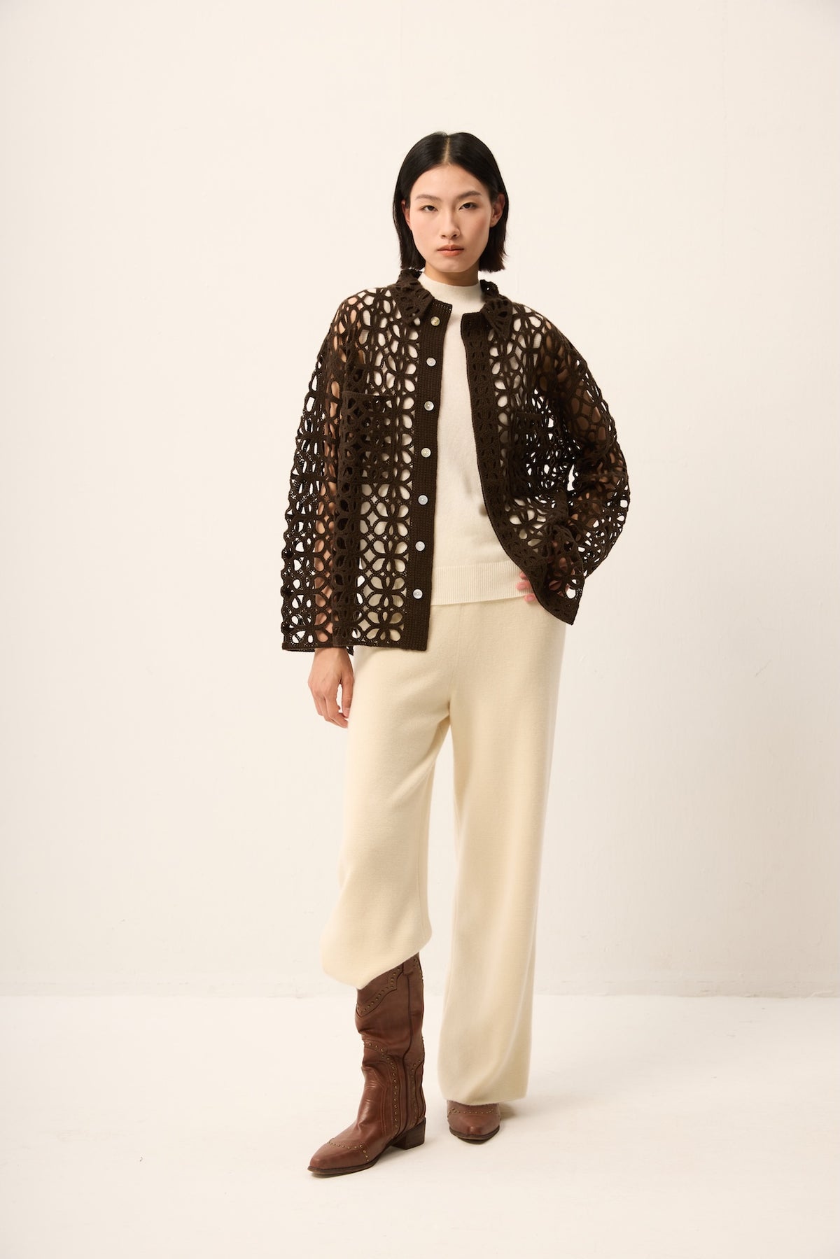BROWN CROCHET CASHMERE LACE BLAZER