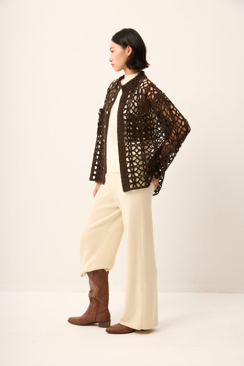 BROWN CROCHET CASHMERE LACE BLAZER