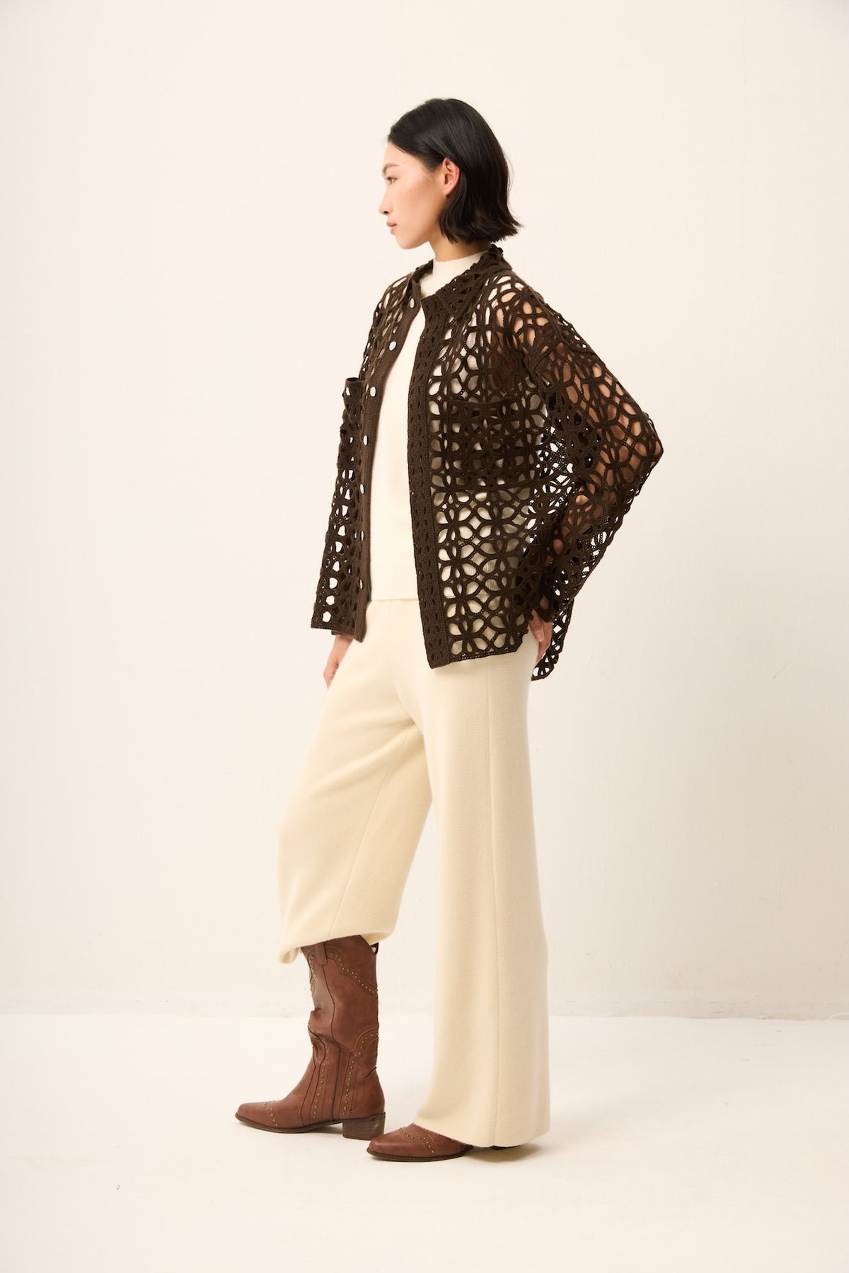 BROWN CROCHET CASHMERE LACE BLAZER