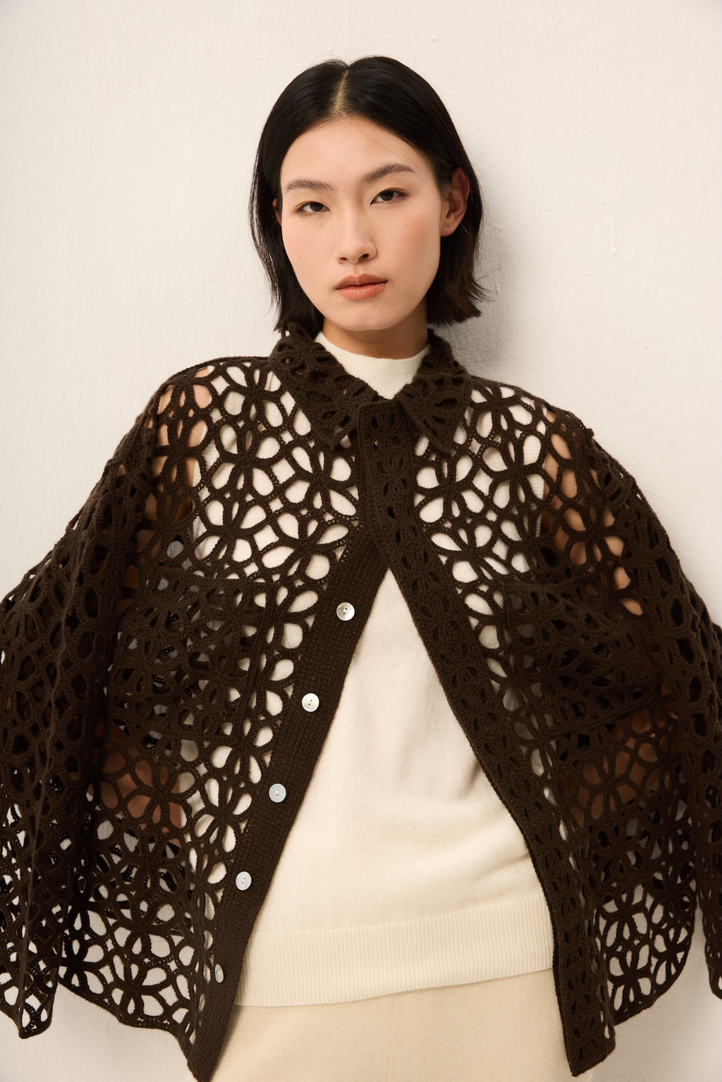 BROWN CROCHET CASHMERE LACE BLAZER