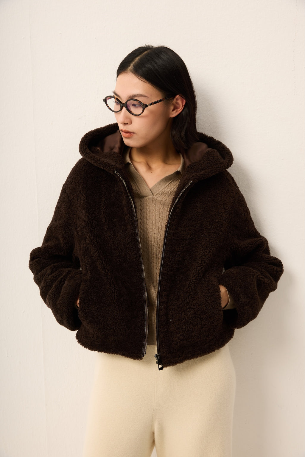 BROWN CURLY LAMB JACKET WITH HOOD