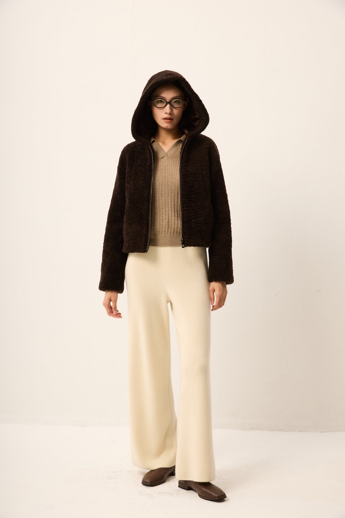 BROWN CURLY LAMB JACKET WITH HOOD