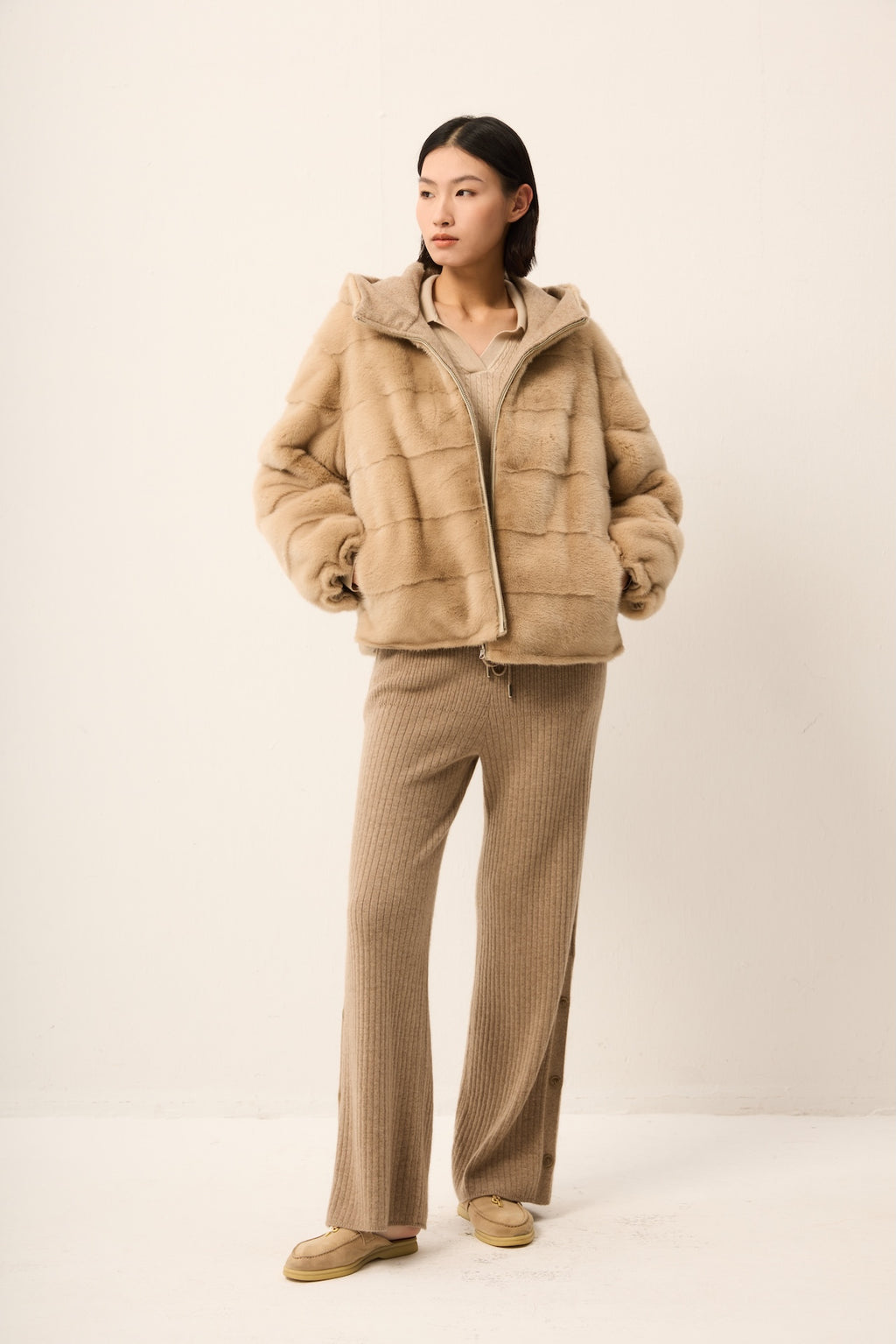 BEIGE MINK JACKET WITH HOOD, REVERSIBLE TO CASHMERE