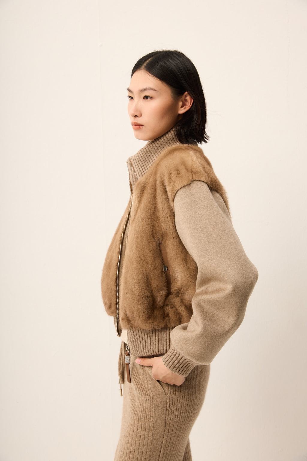 BROWN MINK JACKET WITH CASHMERE SLEEVE