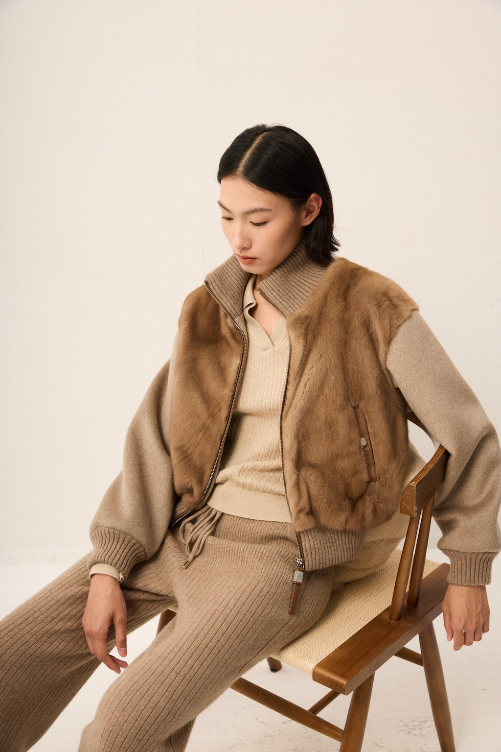 BROWN MINK JACKET WITH CASHMERE SLEEVE