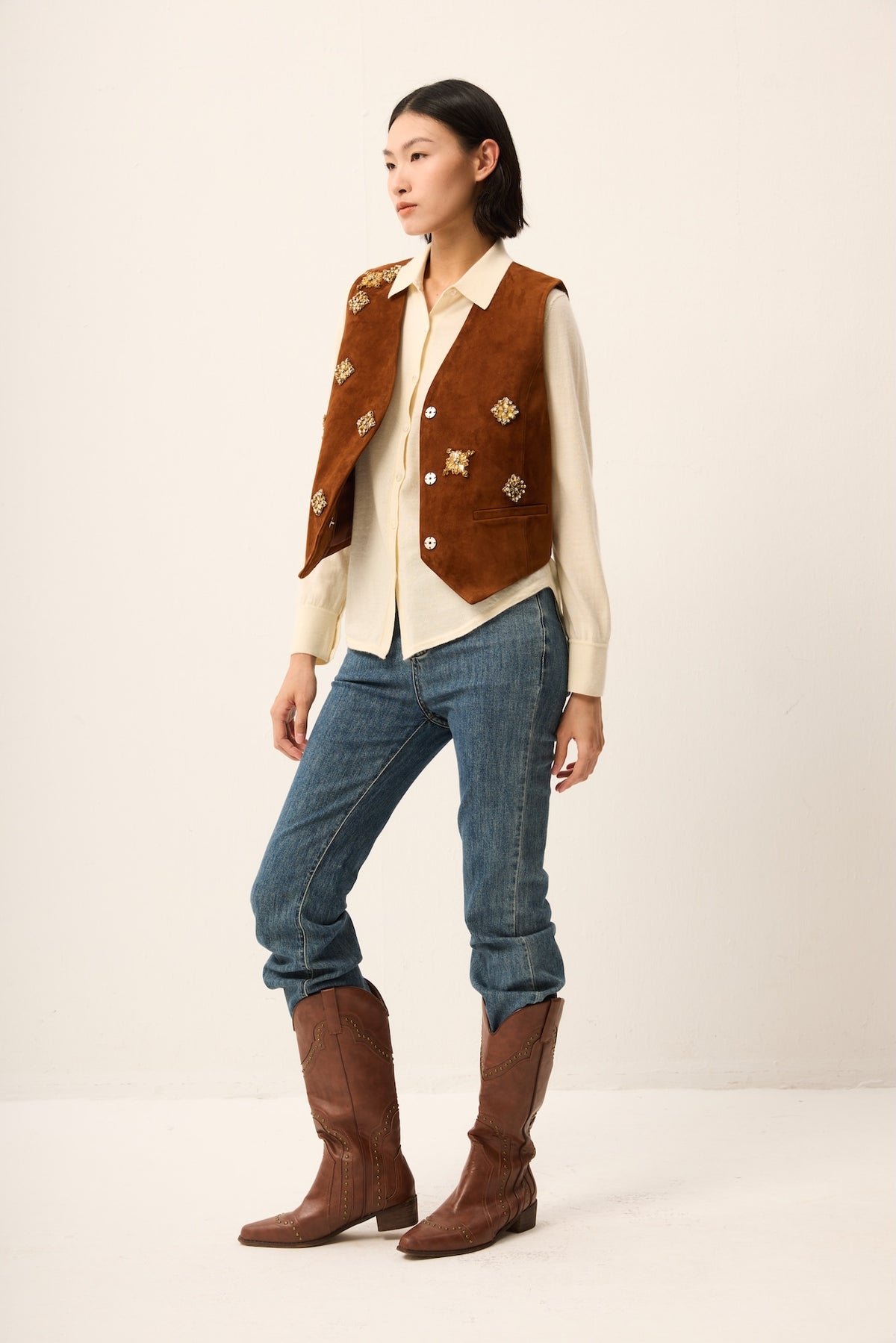 GOAT SUEDE EMBOIDARY PATCHED GILET