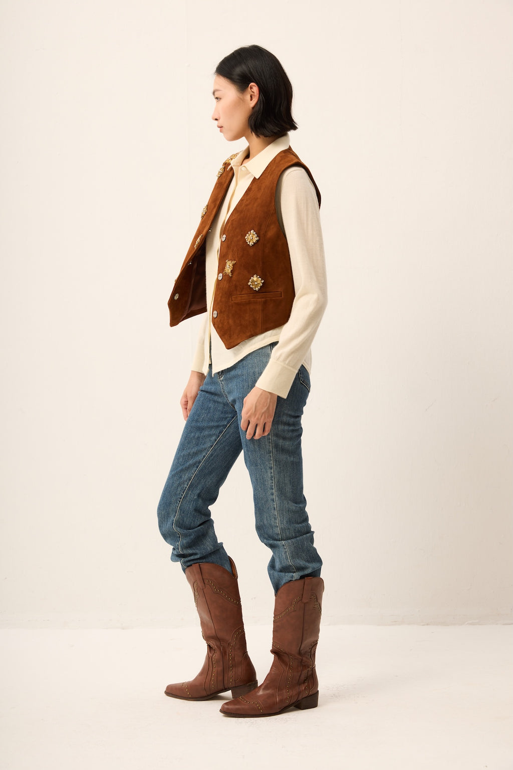 GOAT SUEDE EMBOIDARY PATCHED GILET