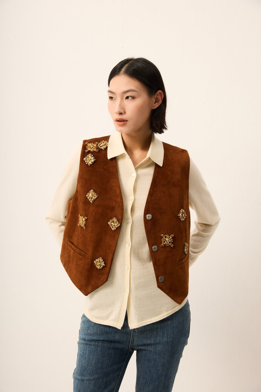 GOAT SUEDE EMBOIDARY PATCHED GILET