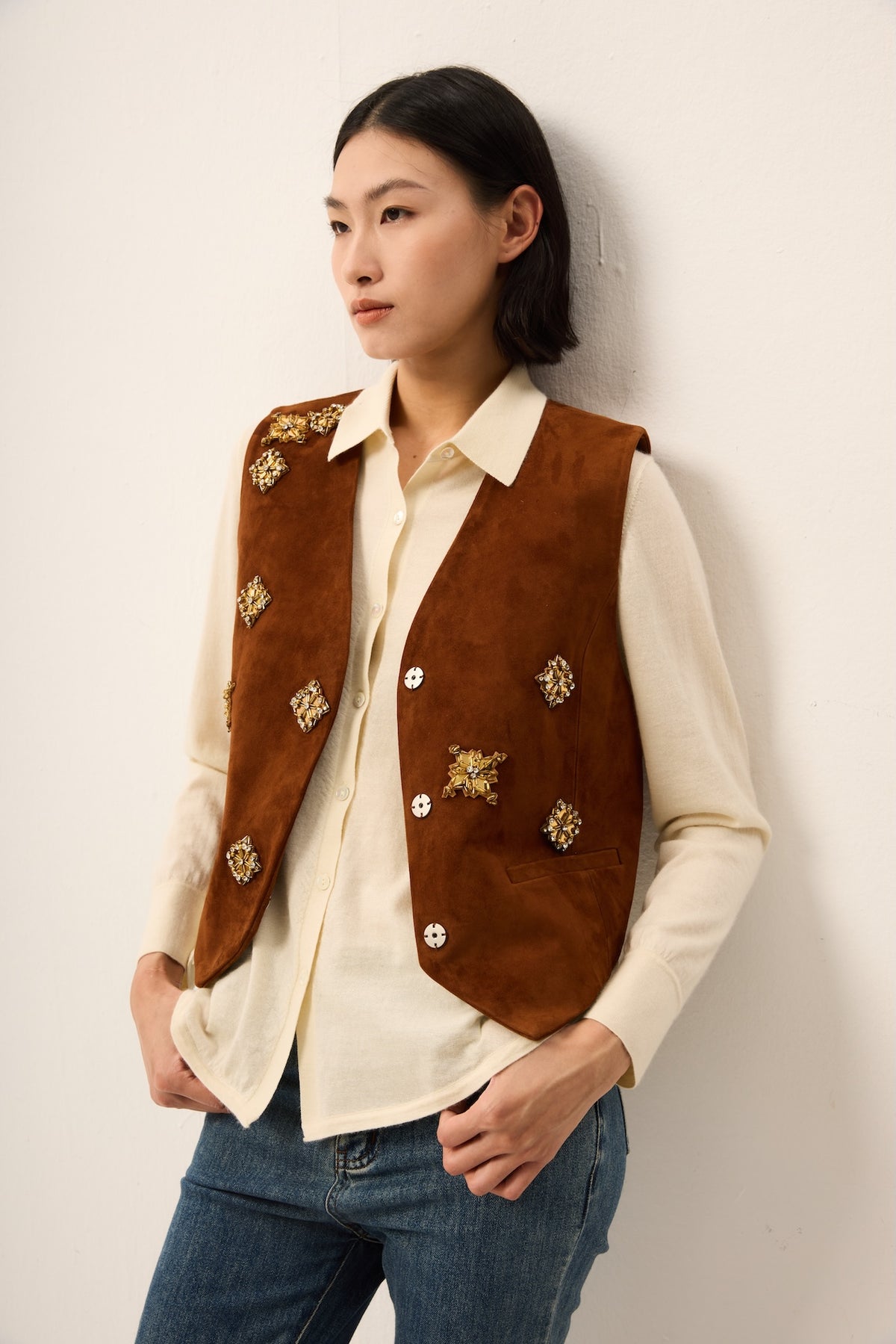 GOAT SUEDE EMBOIDARY PATCHED GILET