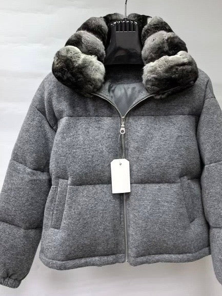 Smoke Knitted Puffer With Chinchilla Collar