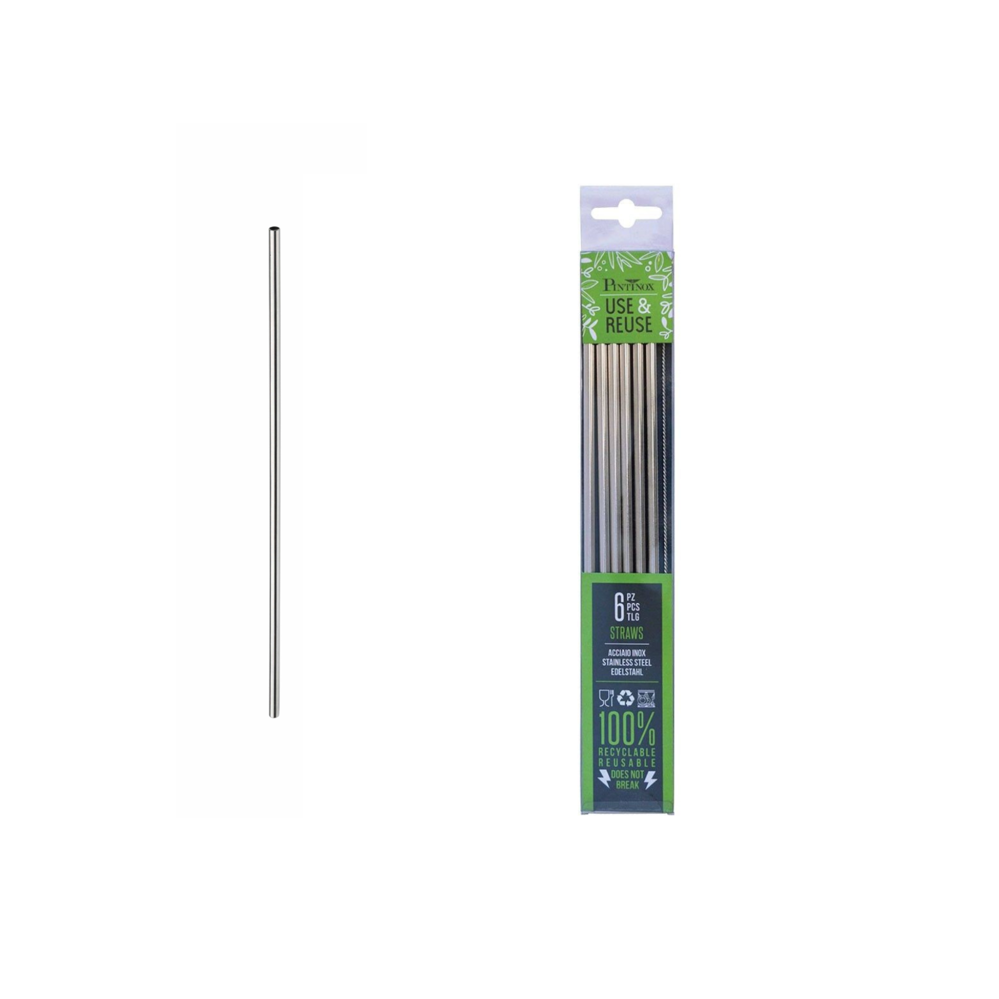 PINTINOX DRINKING STRAW STAINLESS STEEL AISI 304 STRAIGHT 6 PCS/SET PLUS CLEANING BRUSH IN SINGLE BLISTER (Set of 6 pcs)