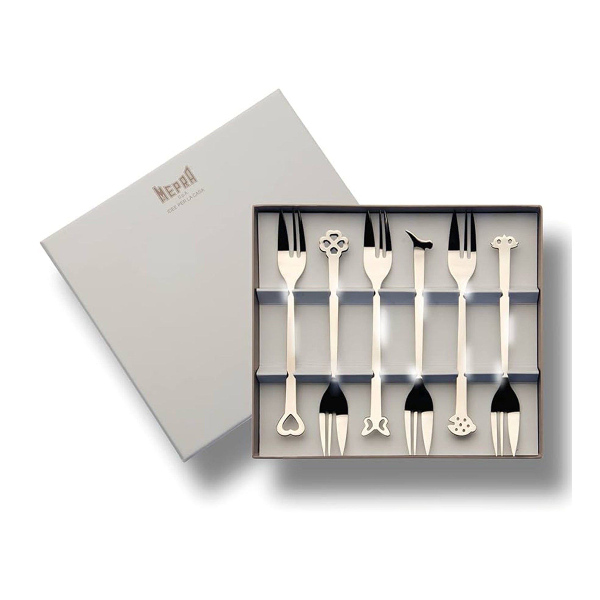 MEPRA "EVENTO" COLLECTION GIFT BOX OF 6 PCS STAIN.STEEL CAKE FORK