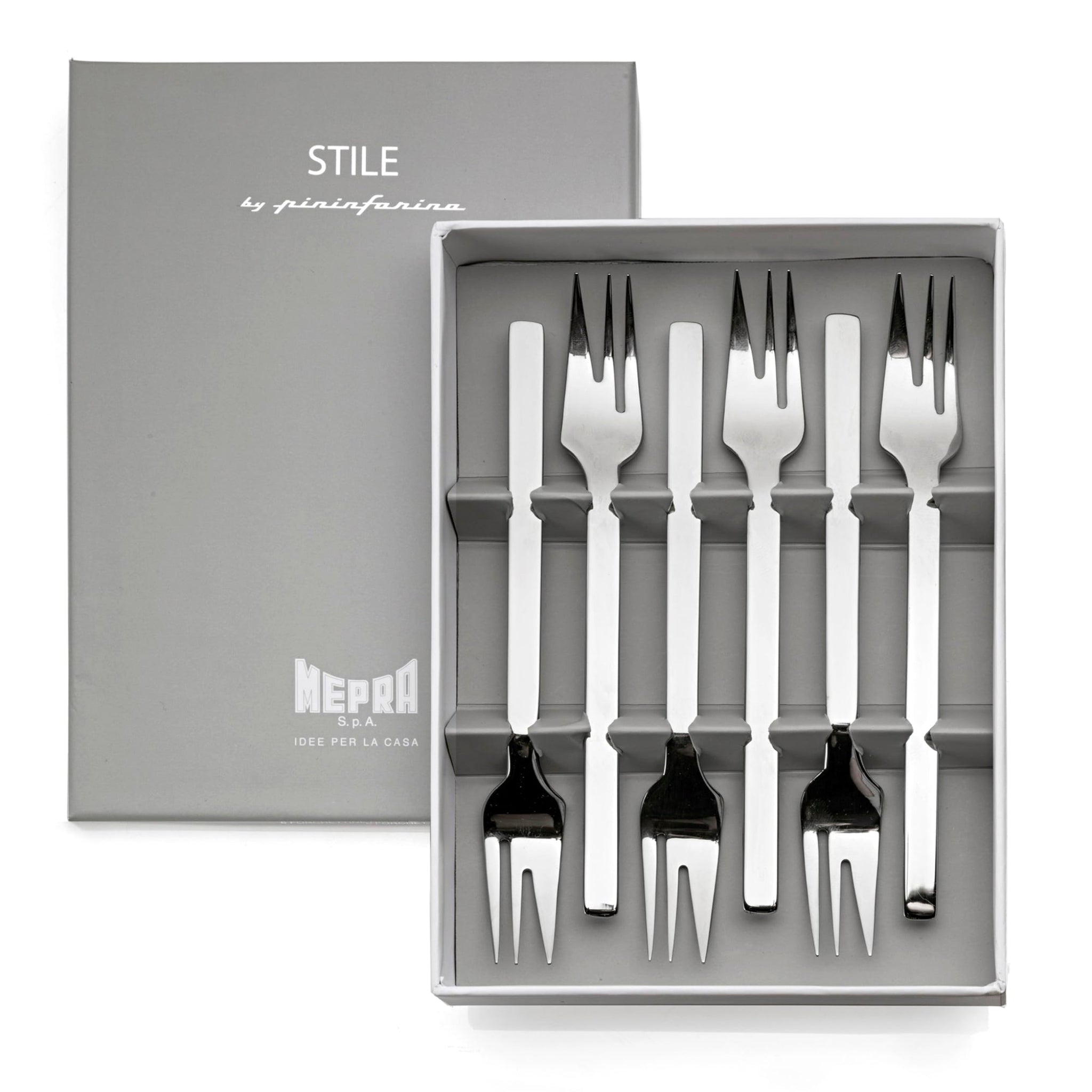 MEPRA "STILE" COLLECTION GIFT BOX OF 6 PCS STAIN.STEEL CAKE FORK
