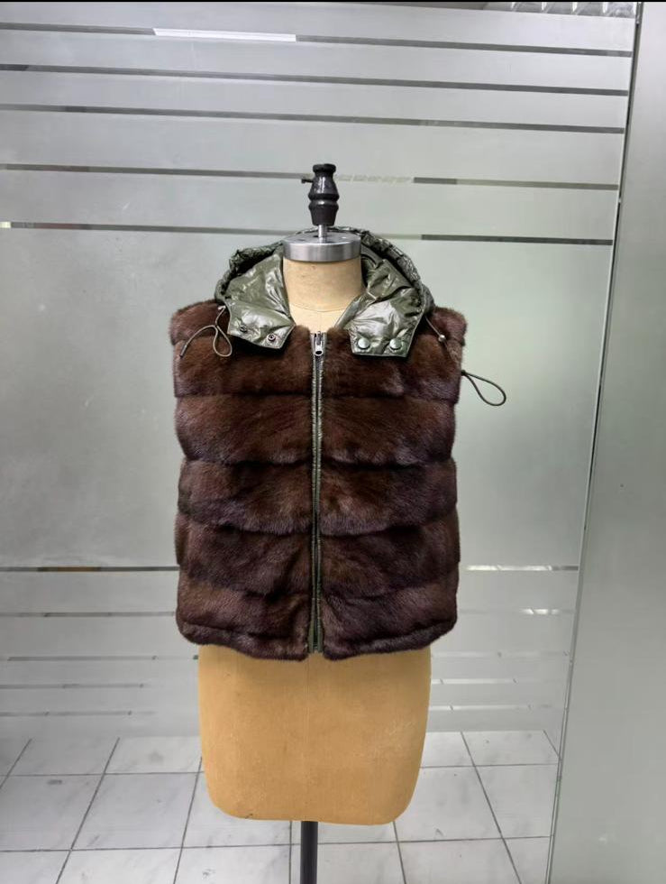 BROWN MINK VEST WITH KHAKI GREEN REV. FABRIC